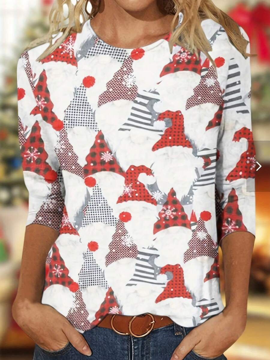 Plus Size Women's Christmas Pattern Long Sleeve Top - White - View 1