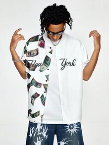 ROMWE MEN Street Life 男士美元和字母印花短袖襯衫 - 白色 - 查看 3