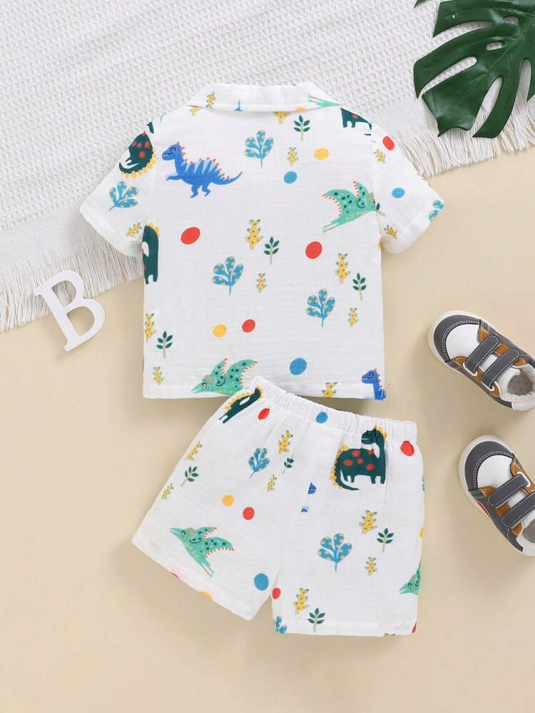Baby Boys' Cute Dinosaur Printed Shirt And Shorts Homewear Set In Crinkle Fabric