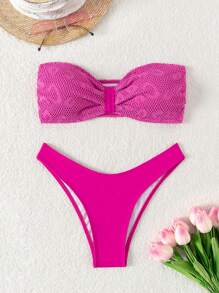 SHEIN Swim Summer Women'S Hollow Out Strapless Two-Piece Bikini Set - Hot Pink - View 3