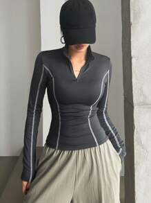 DAZY 修身女式 T 恤，带装饰边饰，立领和半开前襟，秋季服装长袖女式上衣 - 深灰色 - 查看 3