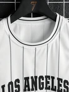 少年男孩夏季運動字母印花條紋圓領背心 - 白色 - 查看 3