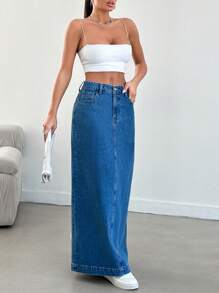 EURMUSE High Waisted Denim Skirt With Back Vent - Medium Wash - View 4