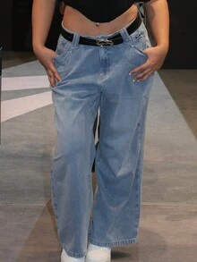 大码女式口袋阔腿牛仔裤，休闲时尚，适合日常穿着