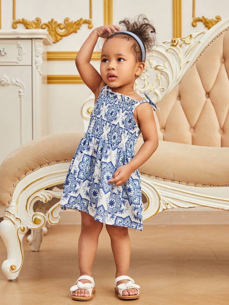 Baby Girl Blue Floral Print Elegant Dress
