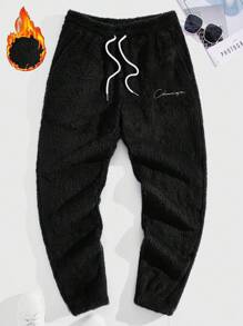 Manfinity RebelGame Men's Drawstring Waist Knit Teddy Casual Pants - Black - View 1