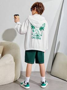 SHEIN Tween Boys' Casual Holiday Printed Hooded Zip-Up Woven Jacket