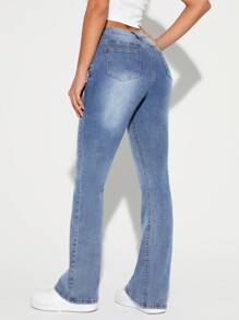 SHEIN Tall 女款洗水漸變喇叭牛仔褲 - 中等水洗藍 - 查看 3
