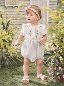 Infant Girls' Short Sleeve Bodysuit With Embroidery And Ruffle Trim Detail