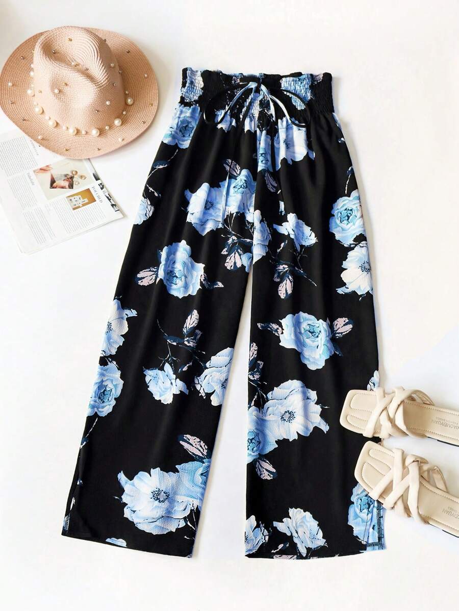 SHEIN LUNE Plus Size Flower Printed Pants For Summer Fall Cloth For Women