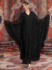 Al Najma Layered Flounce Contrast Lace Batwing Sleeve Kaftan, Modest Long Sleeve Arabian Dress - Black - View 6