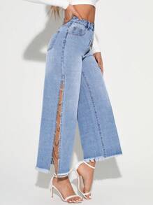 SHEIN Privé Denim Jeans With Rhinestone Chain Decoration, Split Side Hem And Frayed Bottom - Light Wash - View 1