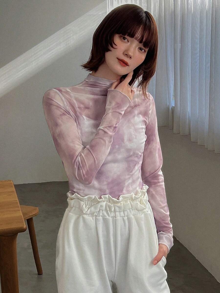 FRIFUL 女式扎染立领上衣，荷叶边透视长袖女式上衣，秋季女装高领衫