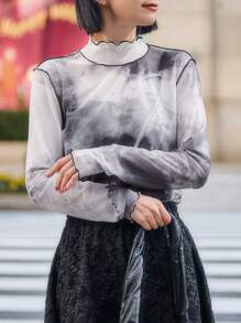 FRIFUL 女式扎染长袖高领上衣 - 灰色 - 查看 8