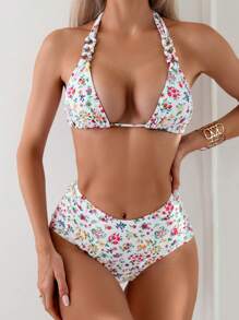 SHEIN Swim 隨機花卉印花打結背部比基尼套裝,嘉年華會 - 彩色 - 查看 3