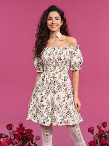 TOM & JERRY X SHEIN Off Shoulder Allover Print A-Line Dress - Apricot - View 6