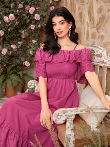 Seusyu Women'S Solid Color Hollow Out Embroidery Patchwork Ruffle Trim Off-Shoulder Cami Dress - Hot Pink - View 6
