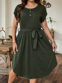 SHEIN LUNE Đầm chữ A cổ tròn tay cánh dơi thường ngày cỡ lớn cho nữ có dây buộc eo, trang phục mùa hè - xanh quân đội - Xem 5