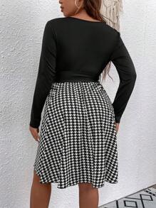 Franclia Đầm Plus Size Thắt lưng răng cưa Thanh lịch - Đen và trắng - Xem 2