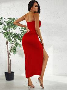 Solid Color Women's Spaghetti Strap High Slit Dress - Red - View 2