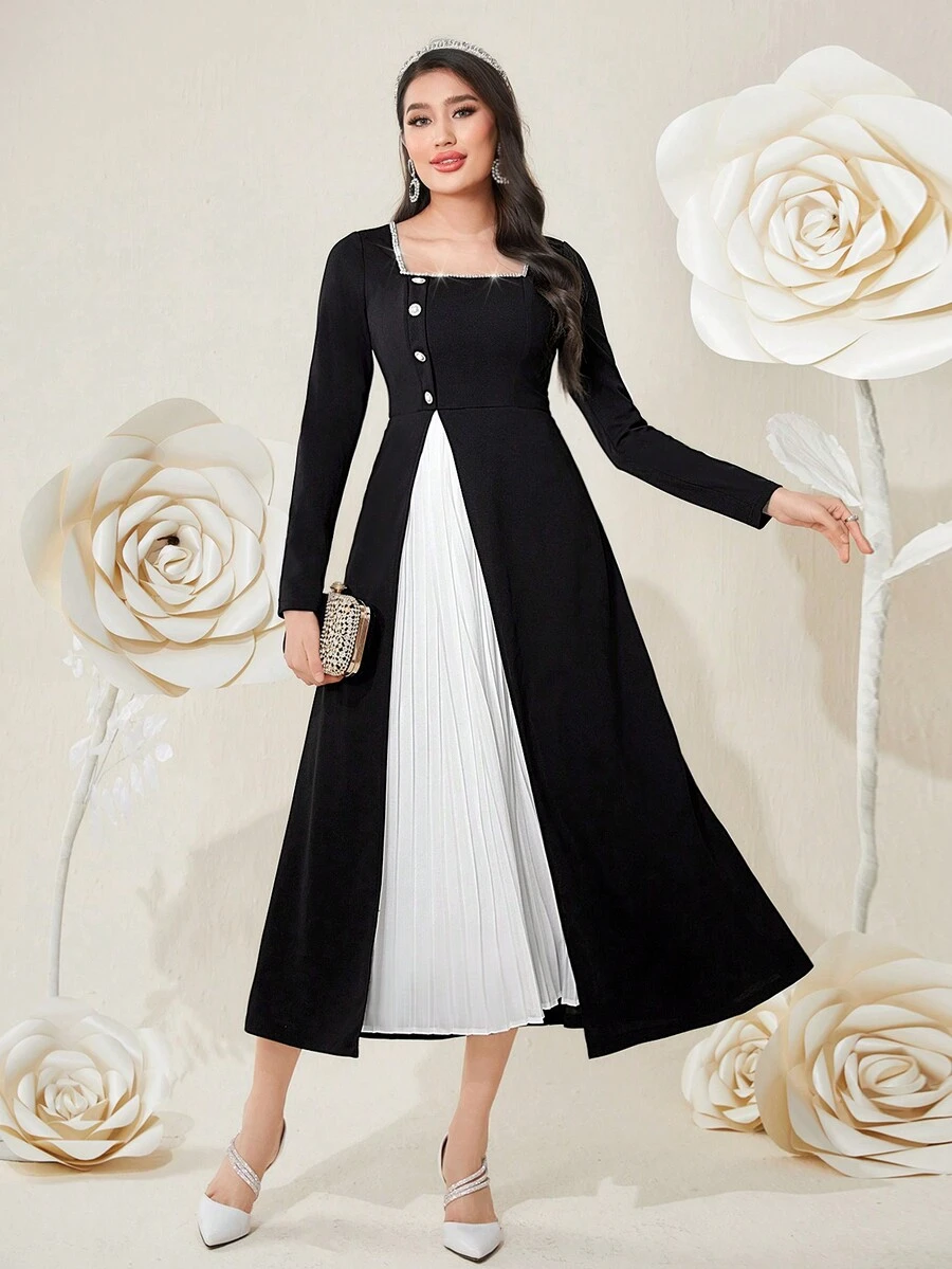 Modelyn Vestido De Mujer Con Aplique De Piedra De Diamante Del Cuello Cuadrado Y Pliegue De Bloque De Color - Blanco y Negro - Ver 1