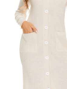 Solid Extra Long Button Knit Cardigan - White - View 4