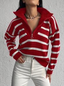 SHEIN Cottnline Zipper Front Drop Shoulder Sweater With Colorblock Stripes - Red - View 6