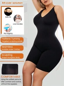 加大码纯色塑身连体衣细肩带 - 黑色 - 查看 4