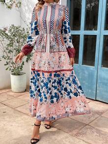 SHEIN Clasi Women's Printed Patchwork Stand Collar Swing Dress - Multicolor - View 5