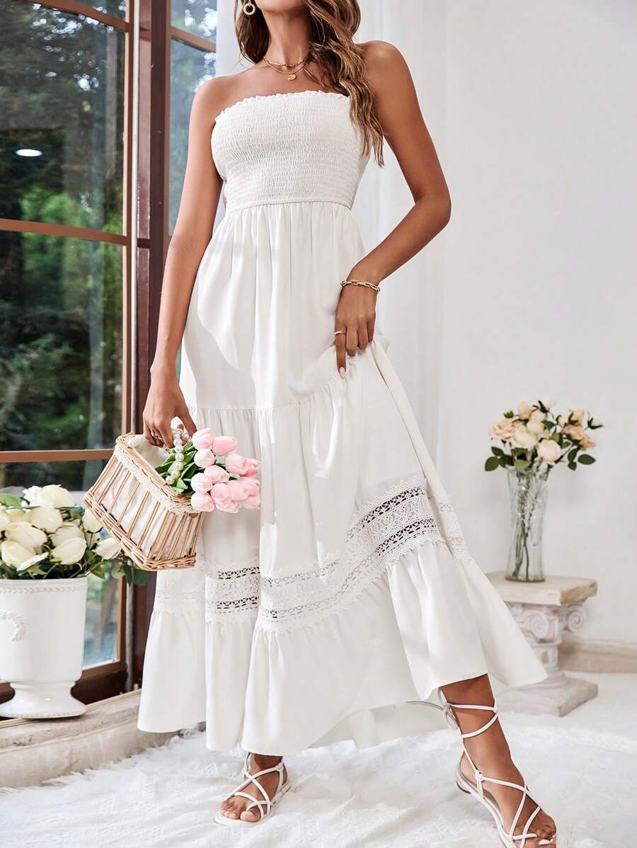 SHEIN VCAY Holiday Lace Splice Strapless Maxi White Dress - White - View 1
