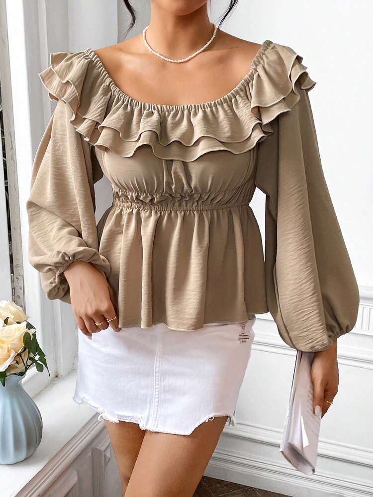 Women's Off-Shoulder Lantern Sleeve Shirt With Ruffled Hem