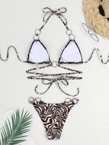 Swim SXY Halter Neck Ring Design Two-Piece Bikini Set Music Festival Summer Beach - Multicolor - View 2