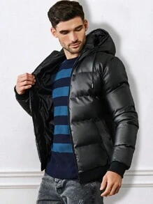 EURMUSE Men Zip Up Drawstring Hooded Puffer Coat - Black - View 1