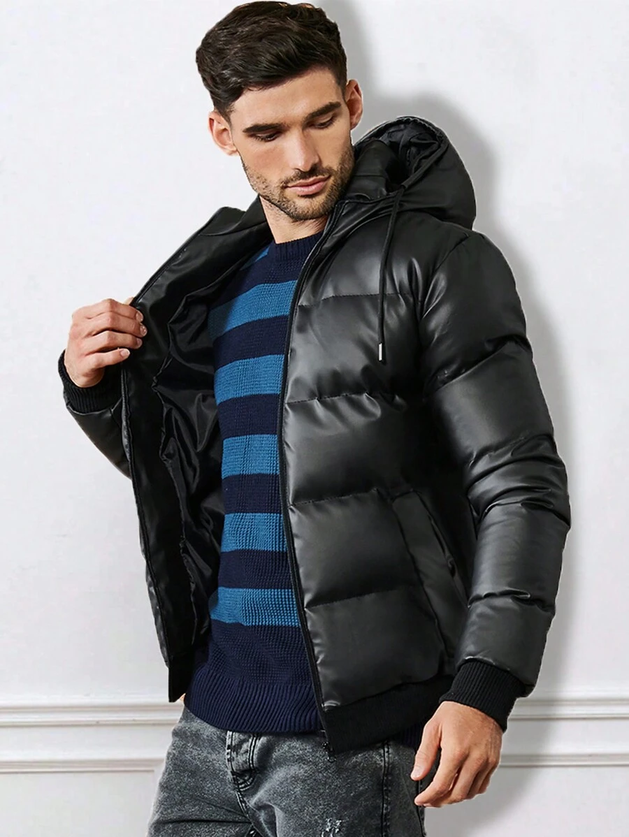 EURMUSE Men Zip Up Drawstring Hooded Puffer Coat - Black - View 1