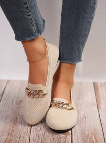 Women's Plus Size Casual Slip-On Flats With Chain Detail In New Spring Color, Beige - Beige - View 1