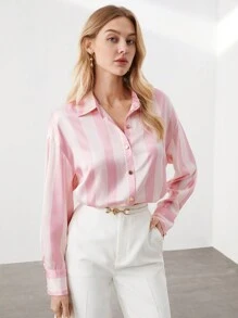 BizChic Women's Vertical Striped Long Sleeve Button-Up Shirt, Urban Commute Office Business Casual Elegant Formal Blouse - Multicolor - View 1