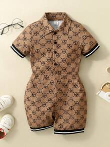SHEIN Young Boys' Daily Comfortable Fashionable Printed Polo Collar Short Sleeve Romper, Spring/Summer - Brown - View 1