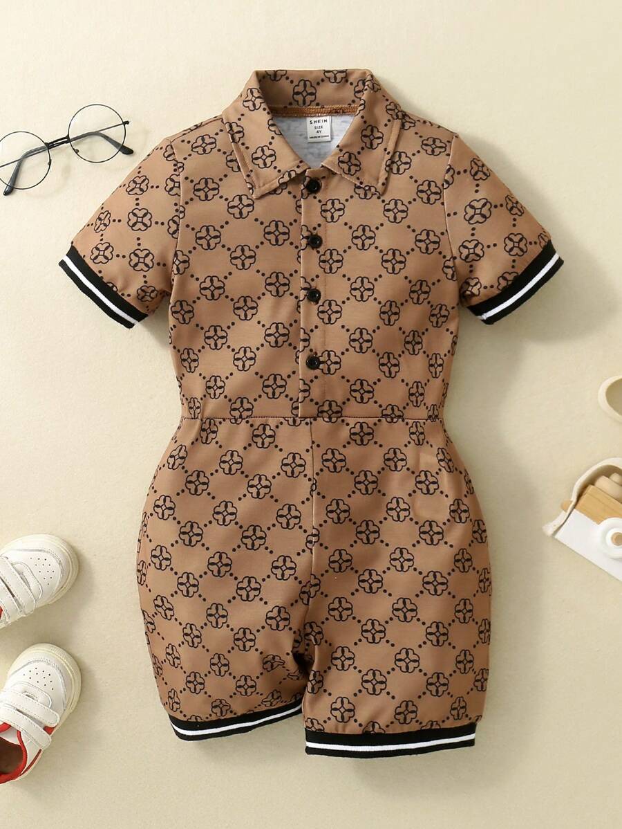 SHEIN Young Boys' Daily Comfortable Fashionable Printed Polo Collar Short Sleeve Romper, Spring/Summer - Brown - View 1
