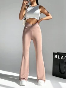 SHEIN EZwear 女士不對稱高腰喇叭褲 - 咖啡棕 - 查看 5