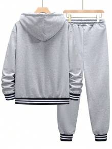 Manfinity Homme Loose Men's Stripe Detail  Pocket Hooded Sweatshirt And Sweatpants Set - Light Grey - View 2