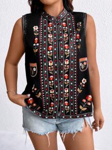 Calvaya Plus Floral Print Vest Coat - Black - View 6