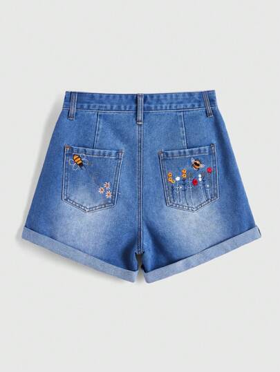 Fairycore Bee & Flower Embroidered Denim Shorts