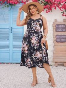 SHEIN VCAY Vestido De Playa Floral Con Encaje Y Correas Entrecruzadas En Tallas Grandes Para El Día De San Valentín - Negro - Ver 1