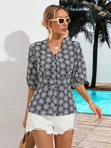 Aveloria Embroidered Short Sleeve Lantern Sleeve Blouse - Black - View 1