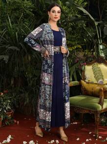 Al Najma Women'S Paisley Print Jacket & Embroidery Patchwork Dress Two Pieces Set 2 Pieces Set - Blue - View 7