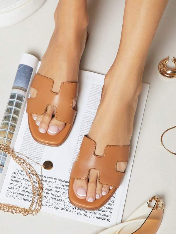 SHUZIA Ham inspirat de lux Decupaj cu vârf deschis PU Atemporal Tobogani aurii, bronzat Pantofi de vară Pantofi de primăvară Vacanță de primăvară Paște Pantofi de vacanță Pantofi ocazional Pantofi de plajă Cadou de Ziua Mamei