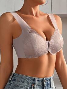 Women's Lace Bra With Front Hook Closure - Pink - View 4
