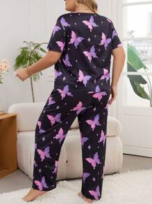 Set Pigiama Donna Taglie Forti Stampa Farfalle A Maniche Corte E Pantaloni - Multicolore - Visualizzare 2