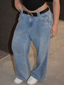 大码女式口袋阔腿牛仔裤，休闲时尚，适合日常穿着