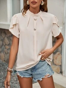 SHEIN Clasi Women's Short Sleeve Blouse With Bud Sleeves - Apricot - View 6